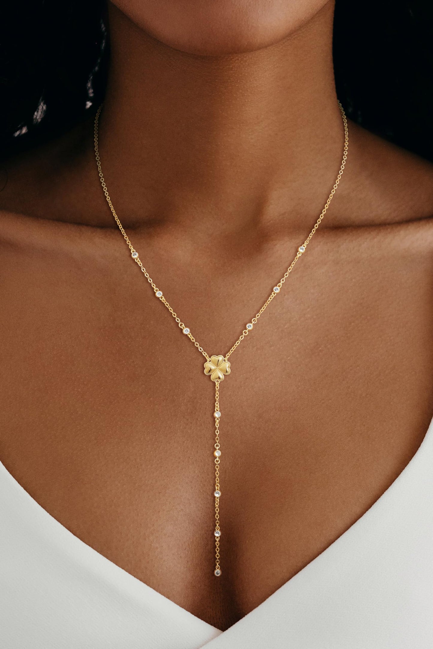 CHESKY Lariat Gold Necklace for Women, Dainty Long Necklace 14k Gold Plated Y-Shaped Pendant Necklace Trendy CZ Beaded Chain Four Leaf Drop Necklaces Gold Jewelry for Women Gifts