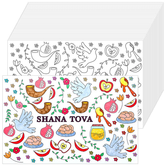 Tinlade 50 Pcs Rosh Hashanah Placemats Bulk 11 x 17 Inch Shana Tova Jewish New Year Placemats Paper Coloring Mat Disposable Dining Table Placemats Party Table Decorations for Restaurant Dinning Table