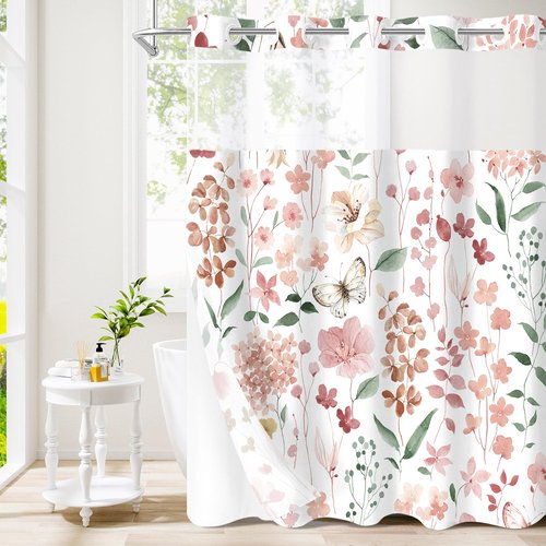 Litabel No Hook Pink Watercolor Floral Shower Curtain and Liner Set, Spring Flower Shower Curtains with Snap in Liner for Farmhouse Bathroom Decor, Botanical Bathroom Curtain with Leaves, 72x74