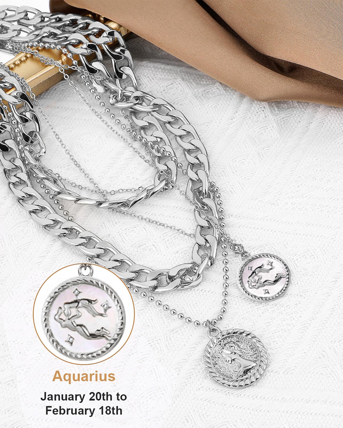 MJartoria Gold Layered Necklaces for Women Trendy Retro Coin Pendant Necklace Dainty Chunky Chain Choker Necklaces for Jewelry Birthday Gifts (Silver, Zodiac-Aquarius-3PCS Layered)