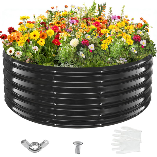 YSEJOMP 17" Tall Round Outdoor Garden Raised Garden Bed Kits-0.8MM Thick Metal Raised Planter Bed/Ground Planter Box for Variety of Flowers,Herbs,Vegetables,Trees (Black, 48 Dia X 16.5inches)