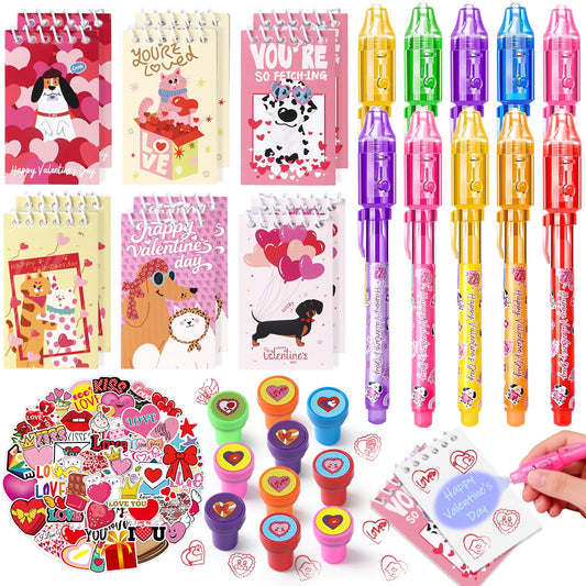 SNLN Valentines Party Favors Valentines Day Gifts for Kids Classroom, 24 Pack Invisible Ink Pen Notebook Stamp Sticker Boys Girls School Classroom Exchange Gifts Birthday Goodie Bags Stuffers - Pet