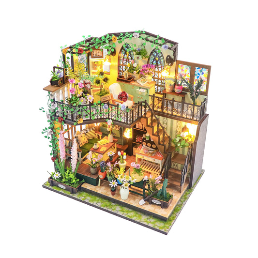 PANZIYU DIY Miniature House Kit, Fairy Dollhouse for Adults to Bulid,Tiny Home Making Kit with Wooden Furniture and LED, Halloween Decoration for Family and Friends (Darcy Flower House)