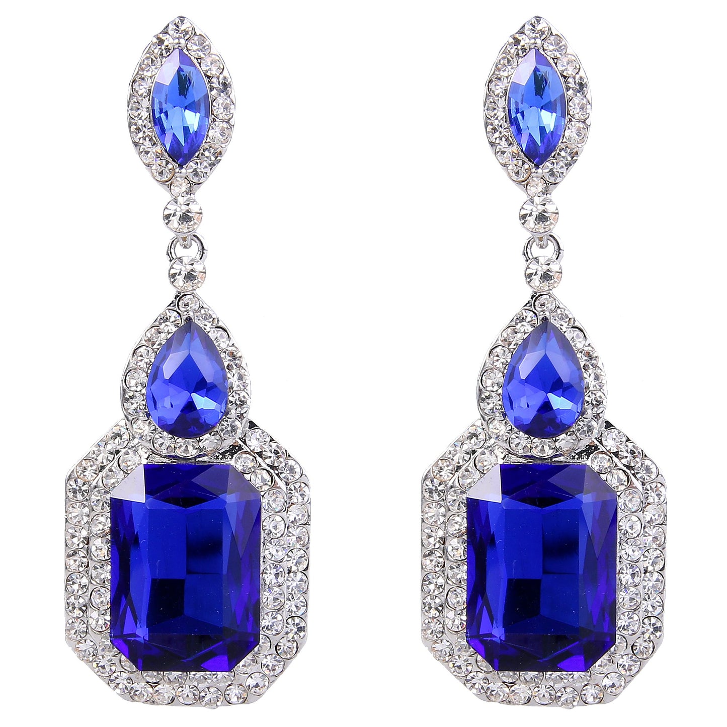 BriLove Women's Wedding Bridal Dangle Earrings Emerald Cut Crystal Infinity Figure 8 Chandelier Jewelry Royal Blue Sapphire Color Silver-Tone