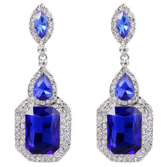 BriLove Women's Wedding Bridal Dangle Earrings Emerald Cut Crystal Infinity Figure 8 Chandelier Jewelry Royal Blue Sapphire Color Silver-Tone
