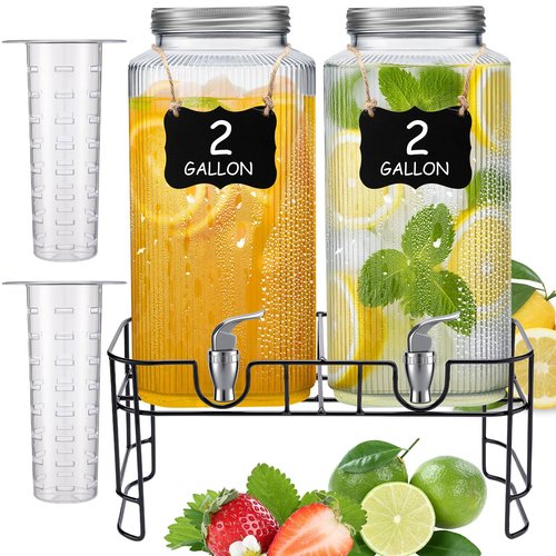 FillTouch 2 Pack 2 Gallon Glass Drink Dispenser Glass Beverage Dispenser with Stand Spigot and Filter Leakproof Water Jar Clear Iced Drink Jug for Parties Juice Lemonade Picnics Fridge