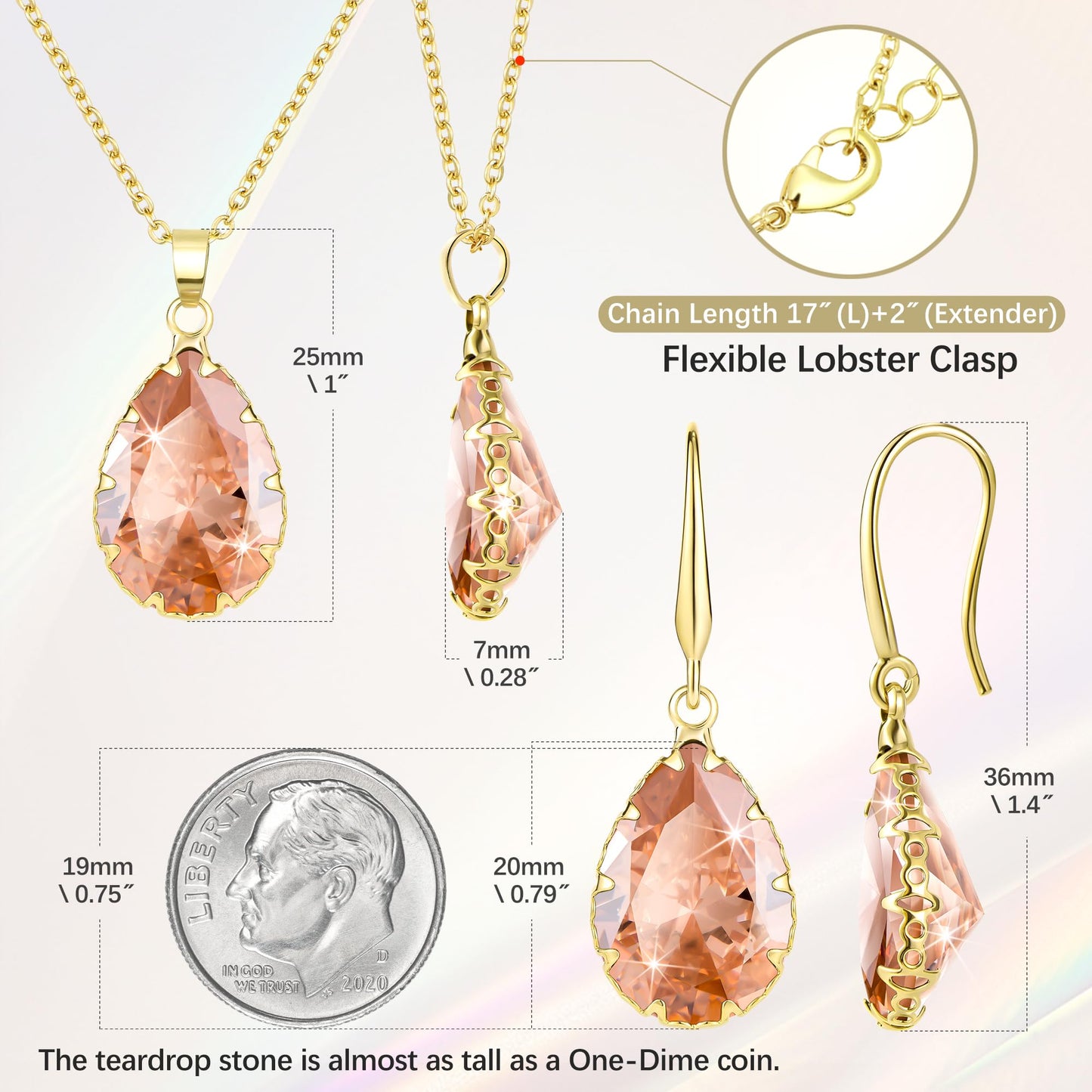 Linawe Citrine Crystal Gold Jewelry Sets for Women, Imitation Diamond Pendant Necklace Set, Rhinestone Drop Dangle Earrings Set, Birthstone Cubic Zirconia Matching Wedding Jewelry Set