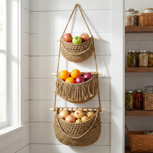 Cabilock 3 Tier Hanging Fruit Basket for Kitchen - Boho Macrame Woven Wall Storage for Onion and Potato, Space-Saving Cotton Rope Produce Organizer for Pantry & Bathroom