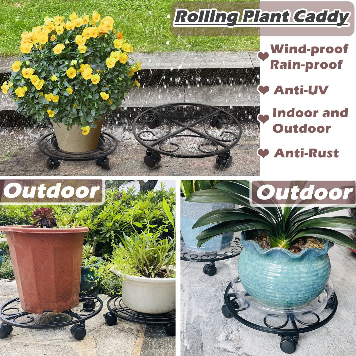 6-pack 15.8 inches Extra-large Metal Plant Caddy with Wheels Rolling Plant Stands Wheeled Plant Dolly Coasters Heavy-duty Pot Mover Roller Base Indoor Outdoor Garden Planter Trolley Cart, Black