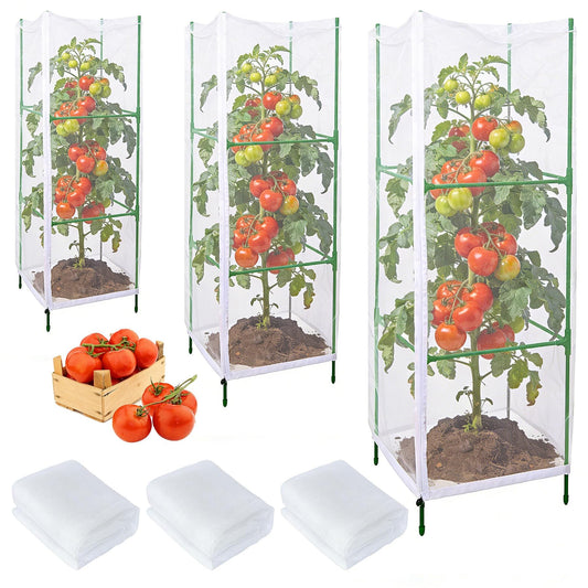 NRWRTY 3 Pack Square Tomato Cages with 3 Plant Covers, 47 Inch Tall Cages for Tomato, Tomato Trellis with Bird Netting, Vertical Garden Trellis for Climbing Plants Vegetables in Outdoor