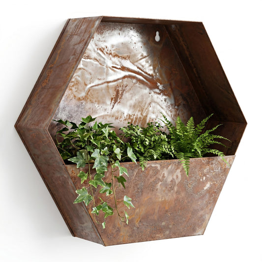 Topadorn Rustic Metal Wall Planter, 12 Inch Hexagon Hanging Planter with Patina Finish, Geometric Wall Mounted Plant Holder for Indoor & Outdoor Vertical Garden Décor, Farmhouse Wall Decor