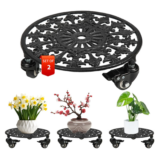 GARGENTOL Rolling Plant Stand with Wheels, 2 Pack Heavy Duty Metal Plant Caddy 11 Inch Wrought Iron Plant Dolly Outdoor Round Plant Rollers Stand for Large Potted Plants and Flower Pot, Black