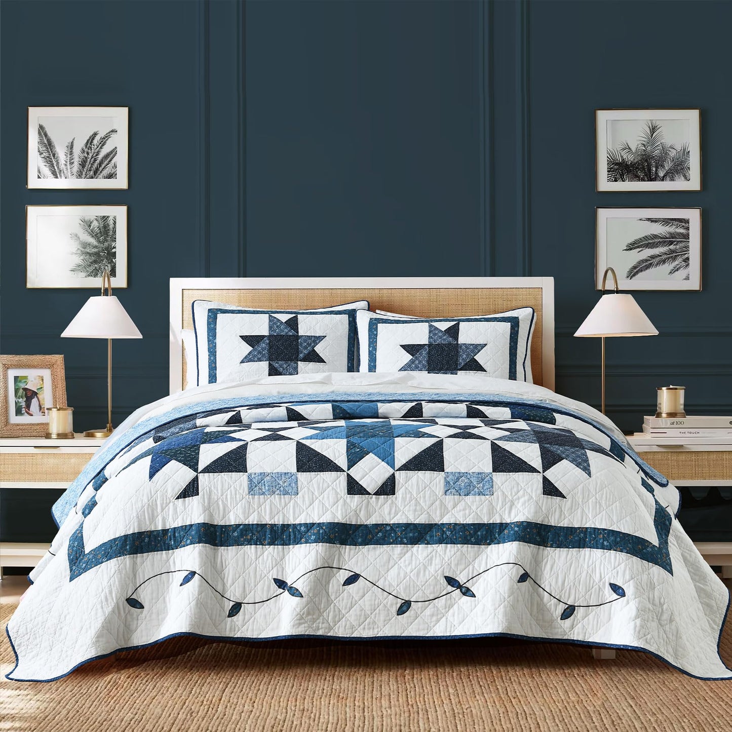 Secgo Handmade Quilted 100% Cotton King Comforter Set for Bed - 100% Cotton Quilts King Size, Black Bedspreads (96 * 108 Inch) with 2 Pillow Shams, Patchwork Reversible Lightweight Bedding