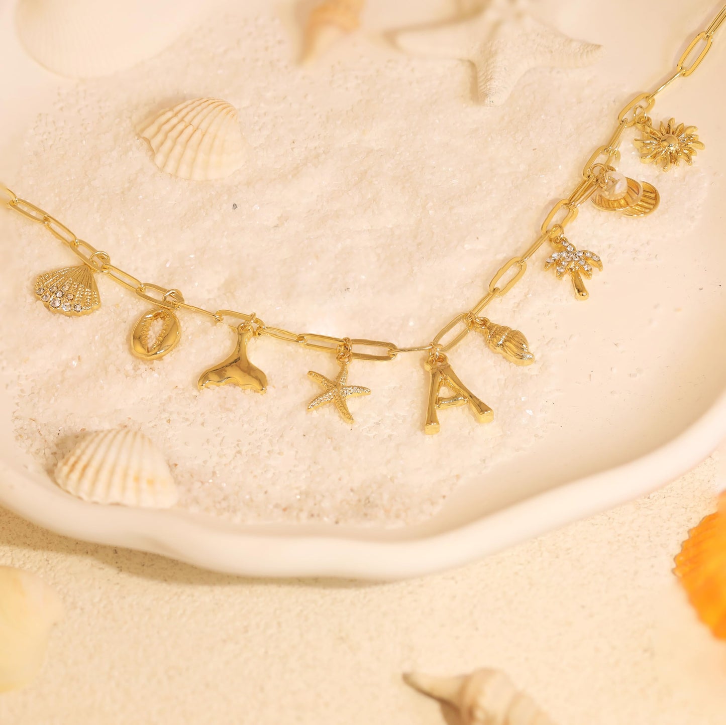 JALZEMPL Initial Charm Necklaces For Women Shell Letter Paperclip Chain Seashell Starfish Beach Summer Pendant Boho Surfer 14K Gold Plated Jewelry Gift (X)