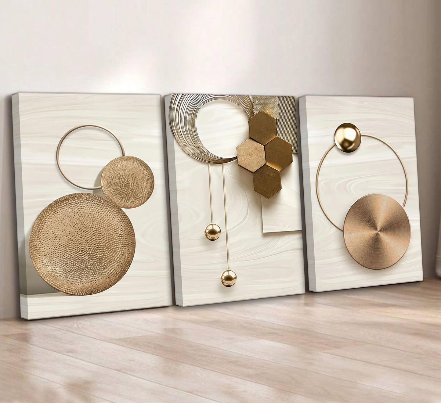 3 Pcs Abstract Gold Geometric Boho Canvas Wall Art Mid Century Modern Minimalist Aesthetic Luxury Metal Artwork Pictures Wall Decor Posters Prints for Living room Bedroom Office Home Decoration
