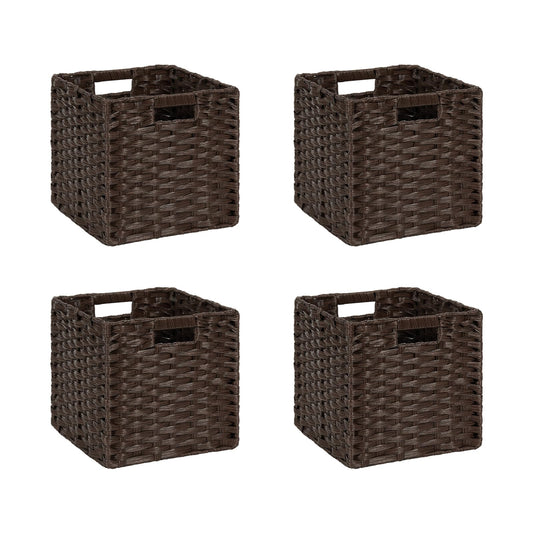 DULLEMELO Wicker Storage Baskets 11x11 Cube Storage Bins for Organizing Plastic Woven Baskets Set of 4 Waterproof Wowen Storage Cube Organizer for Pantry Closet Set of 4 - Deep Coffee