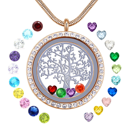 18K Gold Plated Family Tree of Life Floating Locket Necklace, Diy Stainless Steel Pendant with 24Pcs Birthstones for Mummy Mom Mother in Low Grandma Nana Aunt Niece