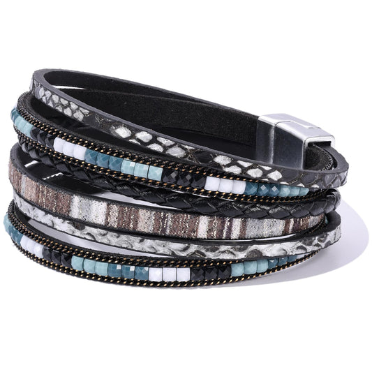 Becklynn Boho Leather Wrap Bracelets Beaded Crystal Stackable Cuff Bracelet with Magnetic Clasp Cowboy Cowgirl County Concert Outfits Western Jewelry Gifts for Women(Double Layer Black)