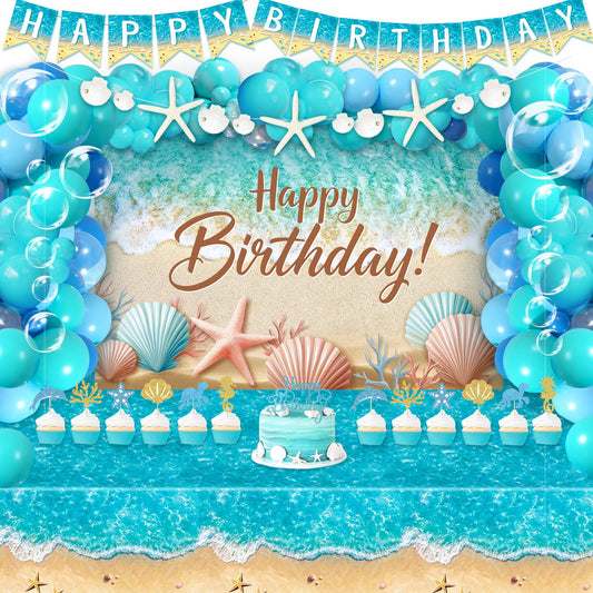 Beach Birthday Party Decorations, Ocean Waves Birthday Supplies - Under the Sea Balloons, Ocean Backdrop, Beach Tablecloth, Bubble Garland, Seashell Banner, Sea Creatures Cake Toppers
