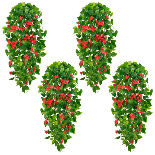 BLEUM CADE Artificial Hanging Flowers for Outdoors, 4pcs Fake Hanging Plants Pothos Vines with Red Flowers for Wall Home Living Room Indoor Outdoor Decor (No Baskets)