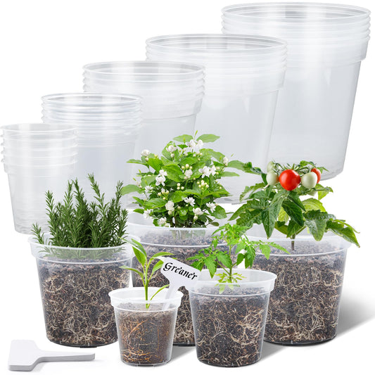 GREANER Clear Nursery Pots, Plastic Plant Pots with Drainage for Succulents, Flowers and Cactus, 3/4/5/6/7 Inch(Pack of 30)