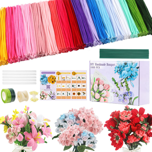 1000 PCS Pipe Cleaners Craft, Pipe Cleaners Flowers Kit with Handle, 18 Colors Chenille Stems with Instruction, DIY Pipe Cleaner for Home Arts and Crafts Decorations Supplies