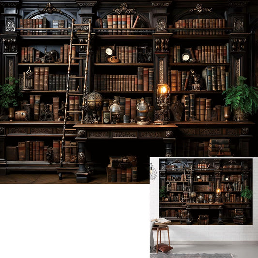BINQOO Medieval Bookshelf Backdrop Bookcase Photography Background Bookshelf Library Backdrops Wall Hanging Dark