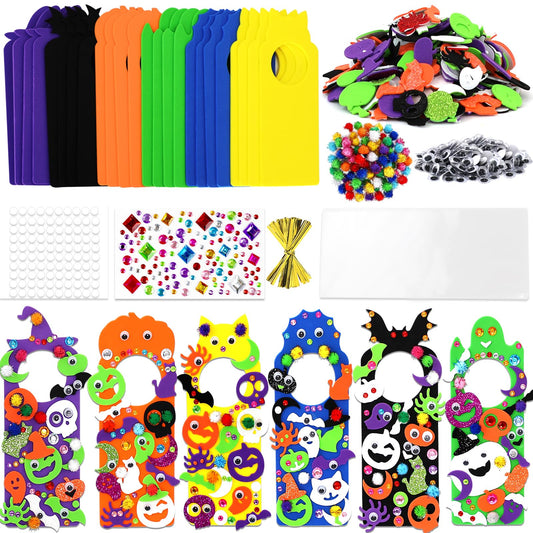 24 Set Halloween Craft Kits, DIY Halloween Doorknob Hanger Decorations Fall Arts & Crafts Supplies, Halloween Pumpkin Bat Ghost Monster Foam Stickers for Classroom Party Favors Activities