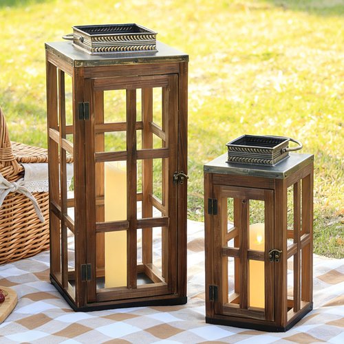 DECORKEY Rustic Wooden Metal Lantern Set of 2 - 28''/20'' H Decorative Indoor & Outdoor Candle Holders