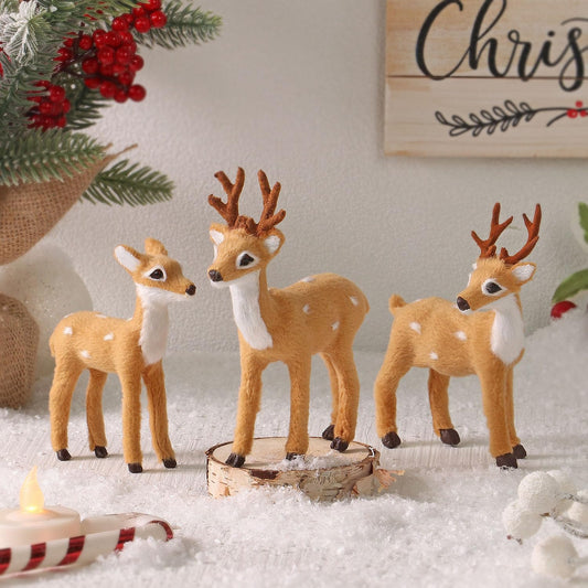 3 Pack Christmas Reindeer Figurines, Festive Holiday Decorations, Rustic Elk Ornaments, Handcrafted Tabletop Decor for Home, Office, Fireplace, Mantle