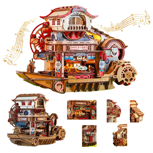 Nautical Sushi 3D Puzzles for Adults, 425PCS Wooden Mechanical Model Building Kit with Music and Lights, Miniature House Kit, Unique Home Decor Craft Gifts for Christmas Birthday