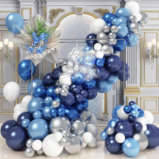 Blue White Silver Balloon Arch Kit, Navy Blue Silver White Balloon Garland with Metallic Dark Blue Light Blue Silver Balloons for Boys Men Birthday Baby Shower Graduation Wedding Party Decorations