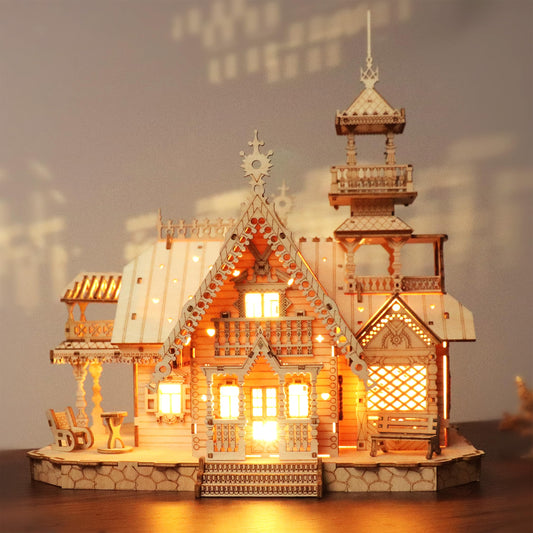KWASVLYA LED Wooden Vintage Villa Model - USB Powered Night Light, 3D Puzzles for Adults, Stress Relief DIY Building Kit, Home Desk Decor, Thanksgiving