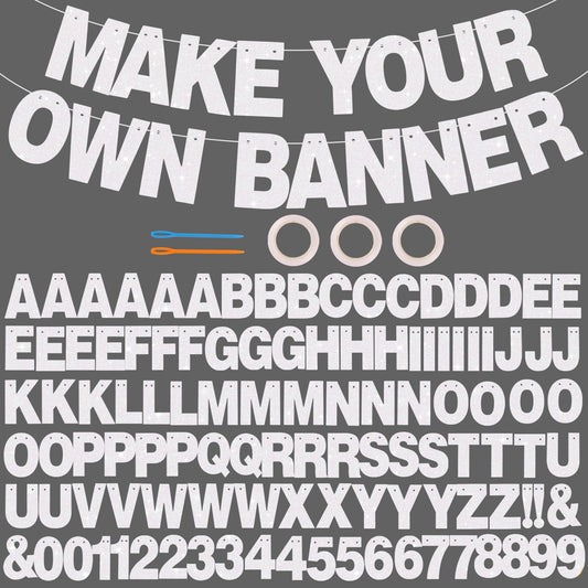 BEISHIDA 116 PCS A-Z DIY Letter Banner Kit Make Your Own Banner Including 111 Letters and Numbers 3 Rope and 2 Threading Device,Customized for Birthday Graduation Wedding Decor Glitter White