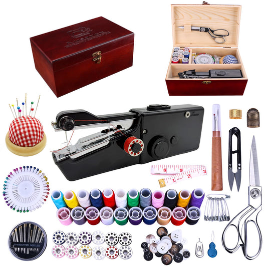 Hand Held Sewing Machine, with Red Wooden Sewing Box and 143 PCS Sewing Kit, Mini Portable Handheld Sewing Machine for Adults and Beginners, with a Power Adapter and Heavy-Duty Scissors