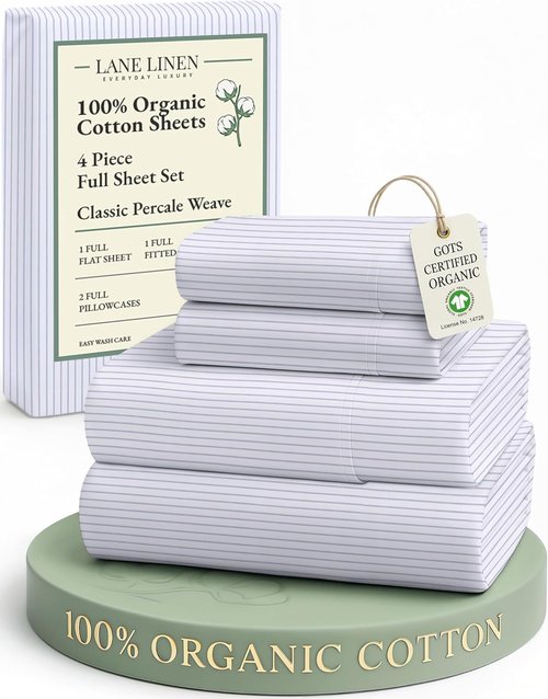 LANE LINEN 100% Organic Cotton Full Sheet Set - Soft, Fade Resistant & Naturally Cooling Bedding | Blue Ticking Stripe