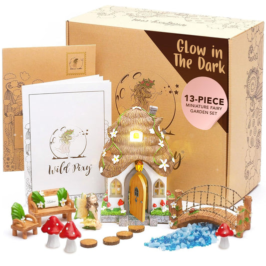 WILD PIXY Fairy Garden Kit - 13 Piece Glow in the Dark Decorative Accessories with 7.1" Outdoor Fairy House with Opening Door and Solar LED Light, Garden Door for Trees, Stones, Indoor/Outdoor Decor