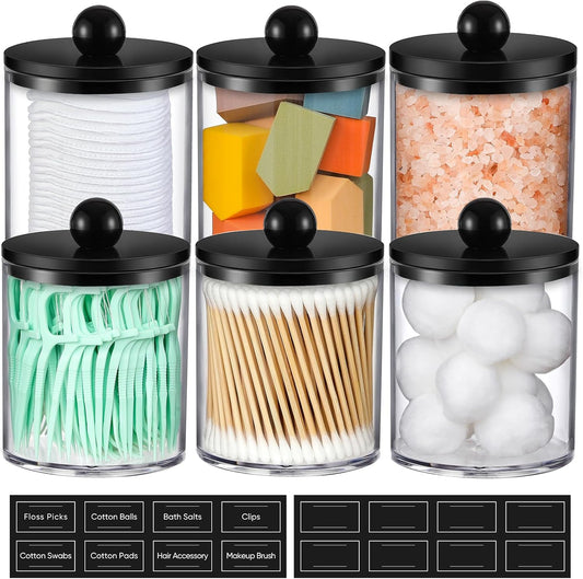 Skiennix Acrylic Qtip Holder Dispenser - 6 Pack Clear & Black Bathroom Storage Organizer