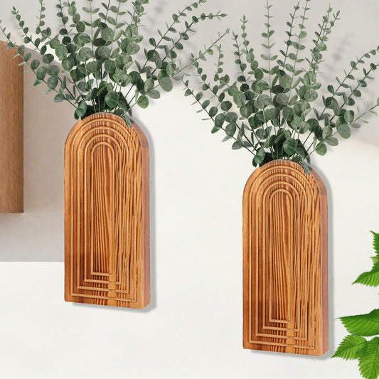 2 Pack Wood Wall Planter Vase Set with Artificial Eucalyptus,Wooden Wall Vase Modern Hanging Planters Boho Wall Mounted Indoor Planter Stand Holder for Living Room,Entryway,Hallway Decor(Light Brown)