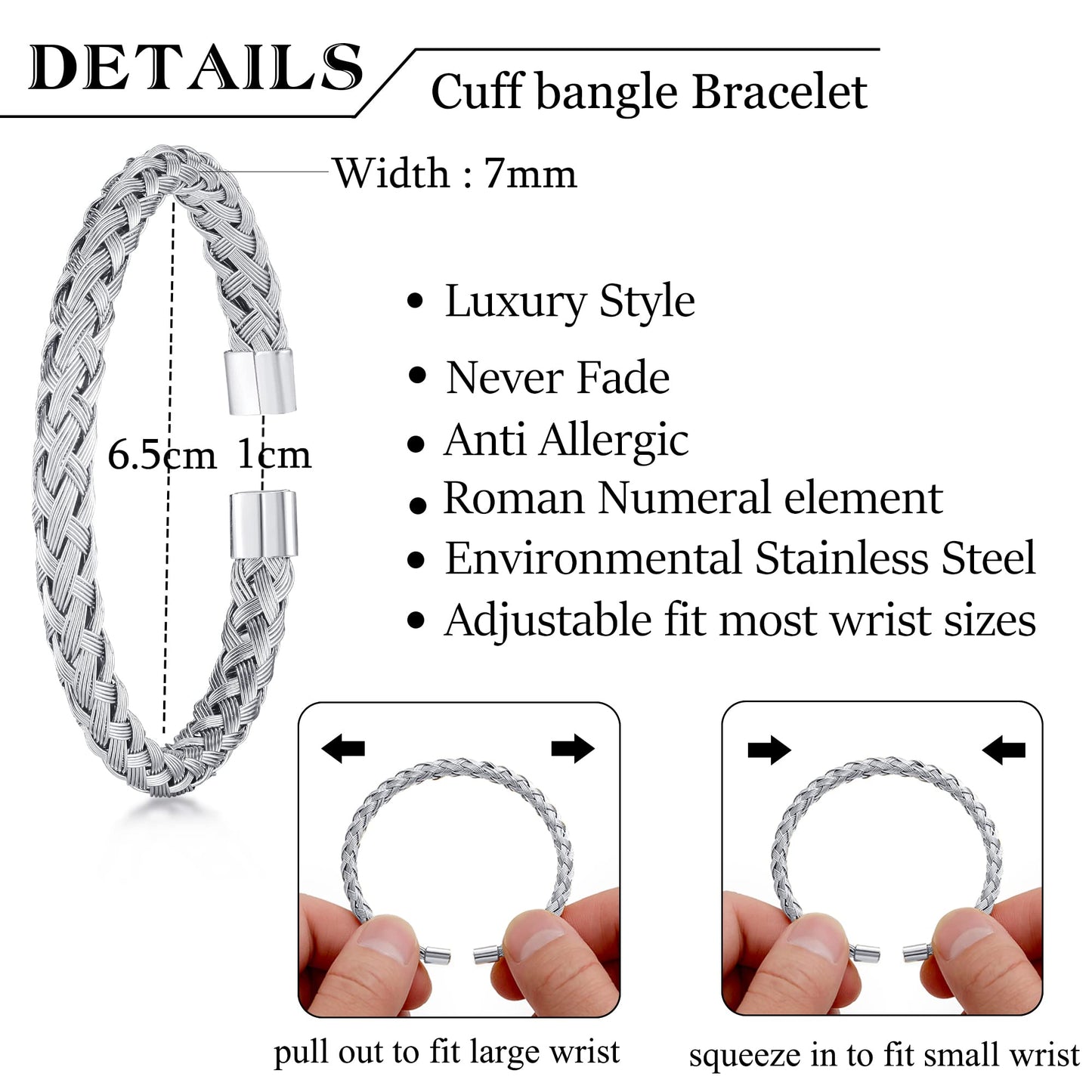 WFYOU 3PCS Stainless Steel Bracelets for Men Gold Roman Numeral Bangle Bracelet Twisted Cable Bracelet Adjustable Cuff Bracelet Mens Luxury Jewelry Bracelets Gifts(H:Silver)