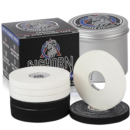 Bighorn Athletics Pro Series Jiu-Jitsu Finger Tape, 8-Rolls with Tin Holder, Enhanced Extra Strength, Residue-Free (0.3-Inch, Black/White)