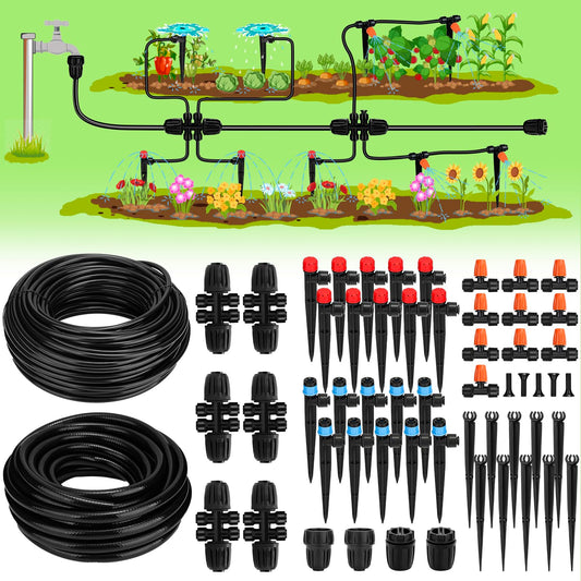 Landtouch Drip Irrigation System, 40FT 1/2" Mainline & 100FT 1/4" Tubing, with Adjustable Drip Emitters Misting Sprinkler, Efficient Sprinkler System Kit for Flower Bed, Raised Bed, Greenhouse, Lawn