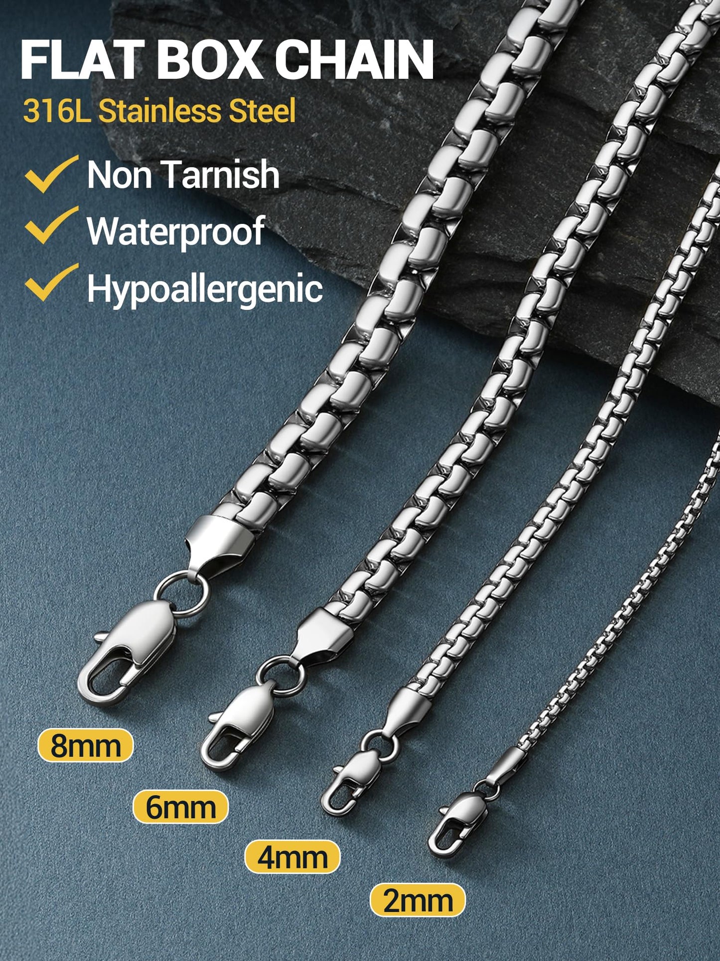 PROSTEEL Mens Chain Stainless Steel Silver Necklace 2mm Waterproof Chain for Men 18inch