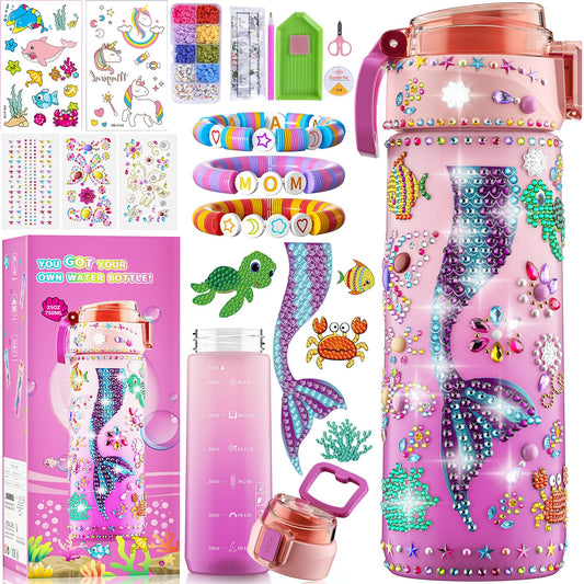 BOOH Decorate Your Own Water Bottle Kits for Girls, Mermaid Painting Diamond Art & Bracelet Making Kit for Girl, Crafts for Kids Ages 4-8, Birthday Christmas School Gifts (Mermaid)