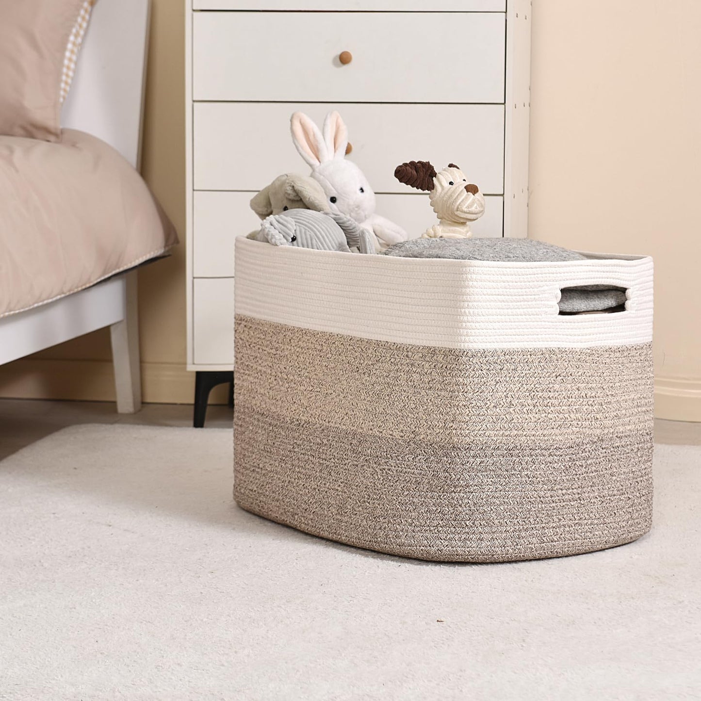 ICERZCZ Extra Large Blanket Basket Living Room, Rectangle Storage Basket, Large Woven Baskets for Storage, Cotton Rope Basket for Toys, Clothes, Gradient Brown - 25”x16”x16” (105L)