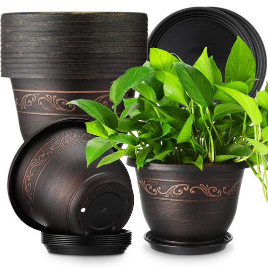 Ziliny 6 Pack 10 Inch Plant Pot Plastic Flower Planters for Indoor Outdoor with Drainage Hole and Trays Lightweight Retro Antique Imitation Decorative Garden Containers Sets with Saucer