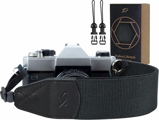 2" 2 Padwa Lifestyle Black Camera Strap - Wide Cotton Woven Genuine Leather Head Camera Straps,Complimentary Pcs Quick