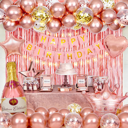 Birthday Decorations for Women with Happy Birthday Banner, Curtains, Bottle, Crown, Heart Star Balloons, Rose Gold Balloons for Girls Women Birthday Party Decorations
