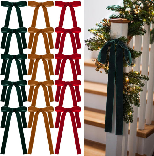 Skiennix 24 Pcs Velvet Bows - Vintage Ribbon Decorations for Christmas Tree & Crafts | Dark Red, Green, Copper (9 x 13 Inch)