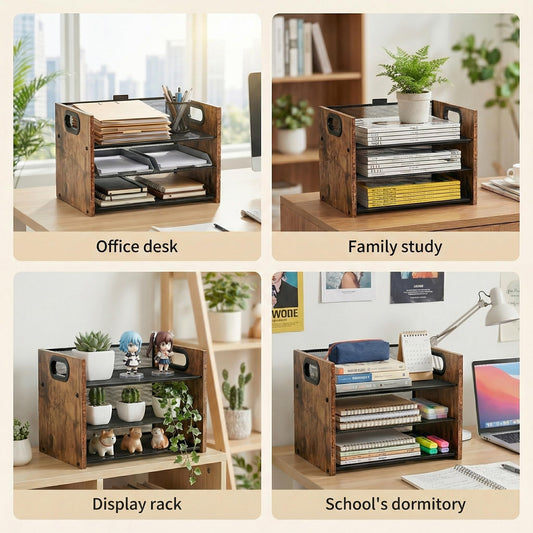 Boershun Desk Organizer - 3 Tier Wood & Metal Mesh Desktop Organizer for Office, Home, School, Workspace, Office Desk Organzier for Papers, Mail, Notebooks, Stationery